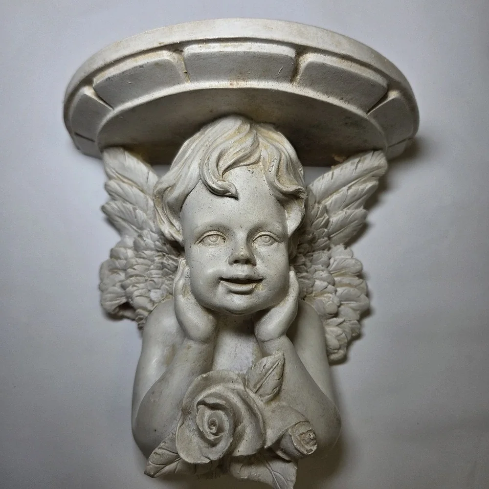 Set of 2 Vintage Hand Carved Wood Cherub Angel Wall Shelf Corbels with Roses